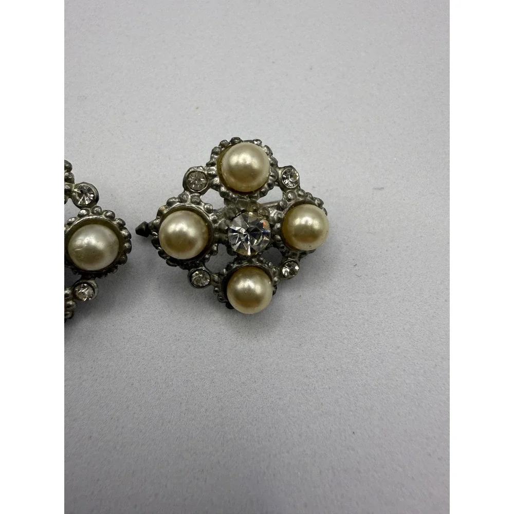 Vintage Faux Pearl Rhinestone Silver Tone Cufflinks Mid Century Formal Wedding